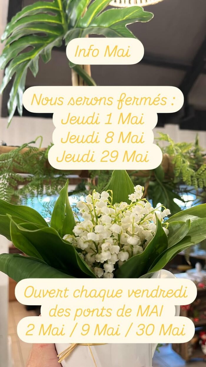 Les infos utiles de Mai !! 

Mai fait ce qu’il te plait ! 
C’est le mois du Jardinage👩‍🌾🧑🏼‍🌾 après toute cette météo pluvieuse🌂🌧️ de L’hiver 
Pour cela chez TEV 🐞 on reste ouvert !!! 

🔈Fermé les jours Fériés uniquement !!!! 

Sinon rien ne change :
La semaine : 8h-12h. 14h-18h
Samedi matin : 9h30 -12h30